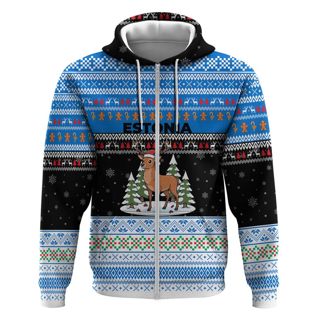 Estonia Christmas Zip Hoodie with Reindeer Gingerbread Snowflakes National Emblem and Winter Forest - Wonder Print Shop