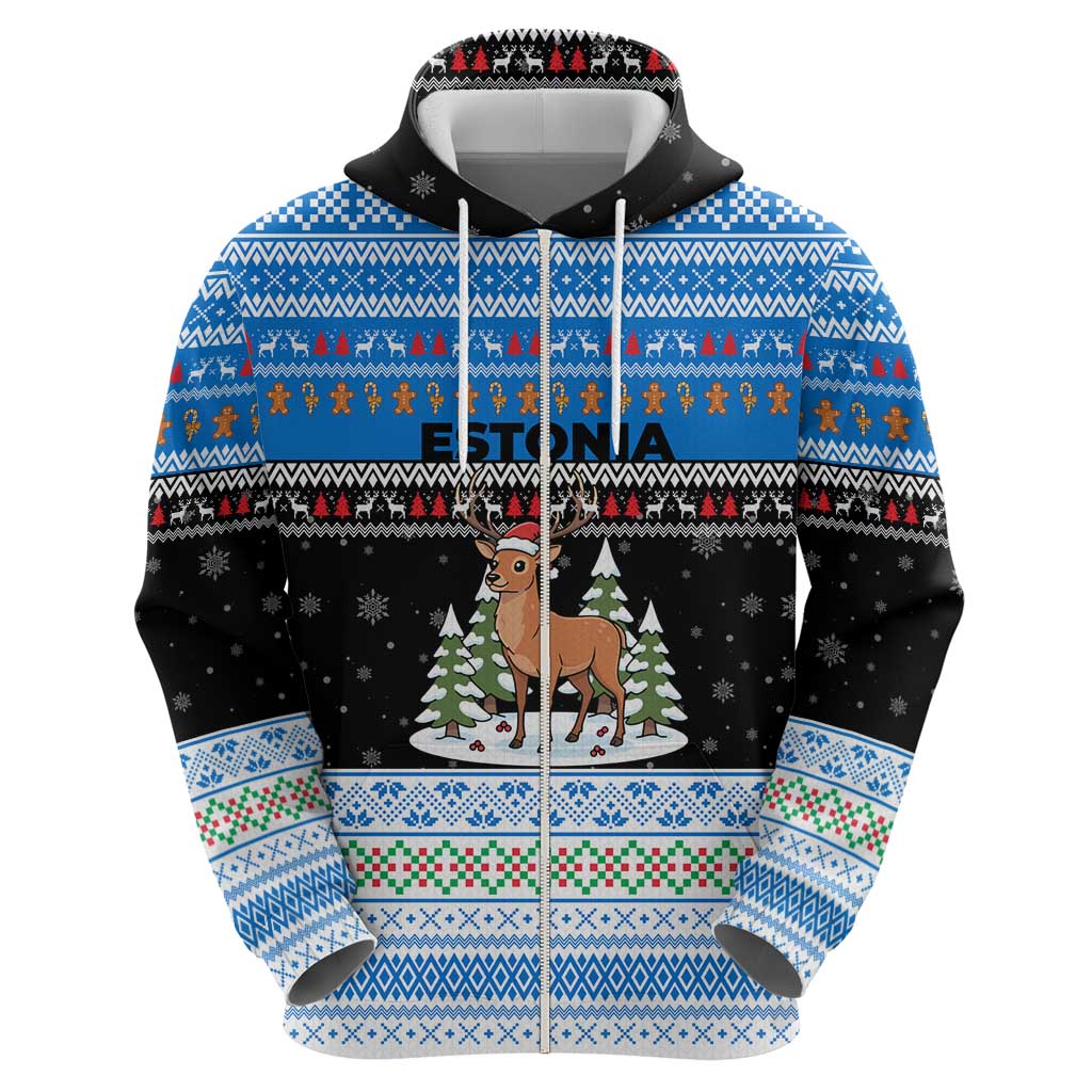 Estonia Christmas Zip Hoodie with Reindeer Gingerbread Snowflakes National Emblem and Winter Forest - Wonder Print Shop