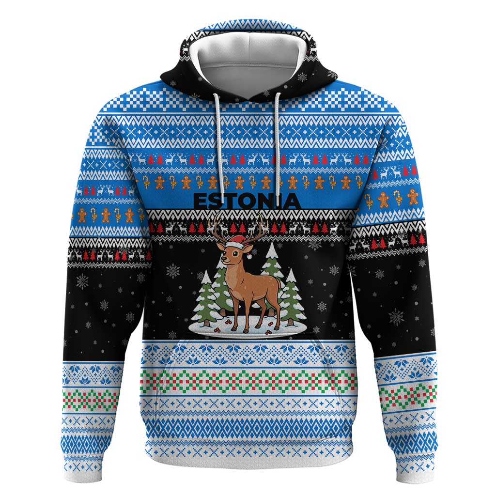 Estonia Christmas Zip Hoodie with Reindeer Gingerbread Snowflakes National Emblem and Winter Forest - Wonder Print Shop