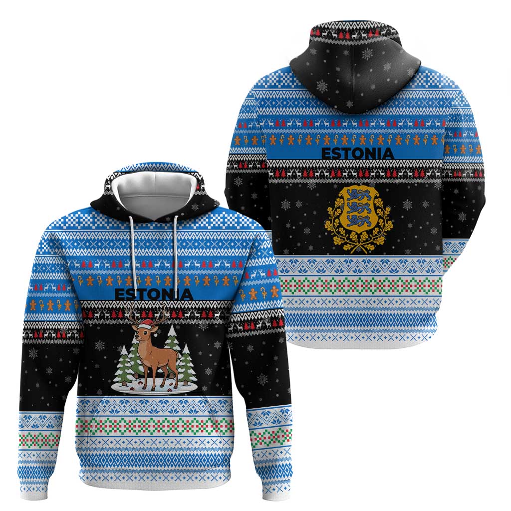 Estonia Christmas Zip Hoodie with Reindeer Gingerbread Snowflakes National Emblem and Winter Forest - Wonder Print Shop