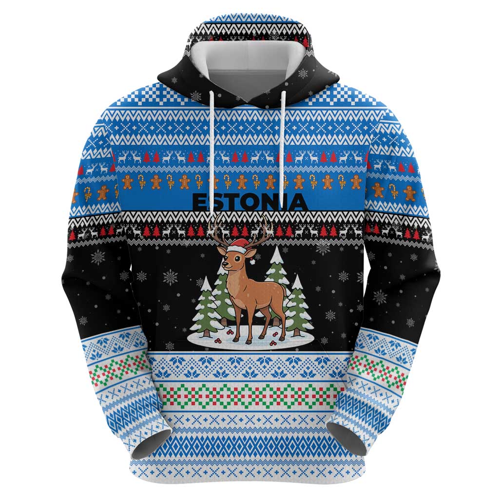 Estonia Christmas Zip Hoodie with Reindeer Gingerbread Snowflakes National Emblem and Winter Forest - Wonder Print Shop