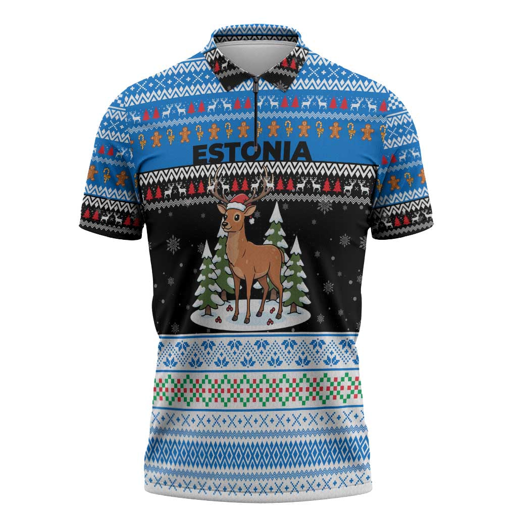 Estonia Christmas Zipper Polo Shirt with Reindeer Gingerbread Snowflakes National Emblem and Winter Forest - Wonder Print Shop