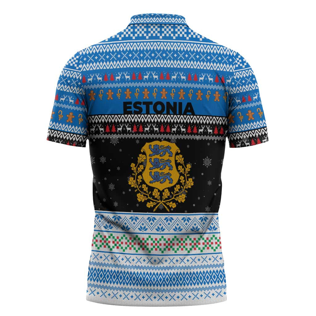 Estonia Christmas Zipper Polo Shirt with Reindeer Gingerbread Snowflakes National Emblem and Winter Forest - Wonder Print Shop