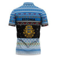 Estonia Christmas Zipper Polo Shirt with Reindeer Gingerbread Snowflakes National Emblem and Winter Forest - Wonder Print Shop