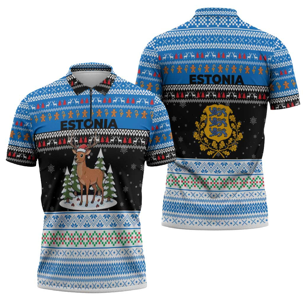 Estonia Christmas Zipper Polo Shirt with Reindeer Gingerbread Snowflakes National Emblem and Winter Forest - Wonder Print Shop