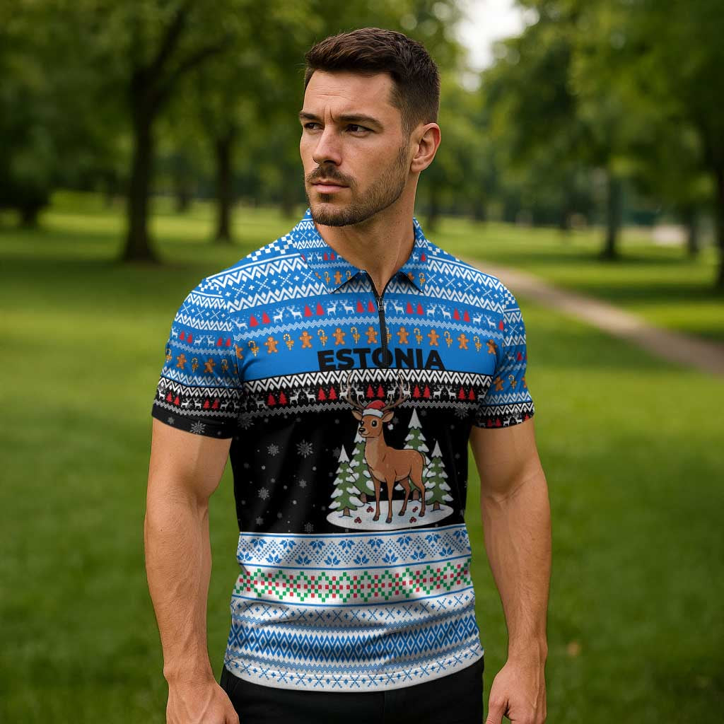 Estonia Christmas Zipper Polo Shirt with Reindeer Gingerbread Snowflakes National Emblem and Winter Forest - Wonder Print Shop