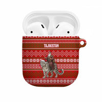 Tajikistan Christmas AirPods Case with Santa Riding Snow Leopard National Emblem and Red Holiday Pattern - Wonder Print Shop