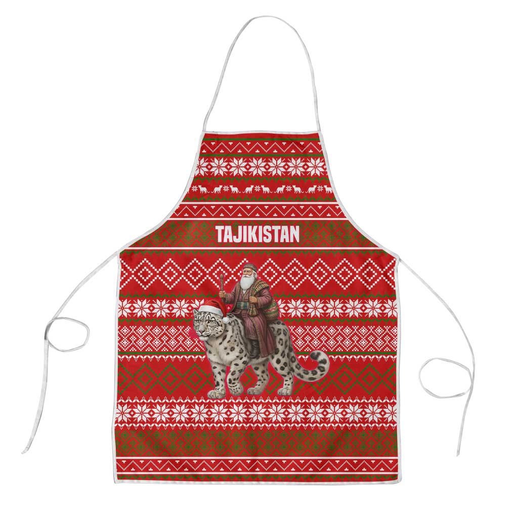 Tajikistan Christmas Apron with Santa Riding Snow Leopard National Emblem and Red Holiday Pattern - Wonder Print Shop