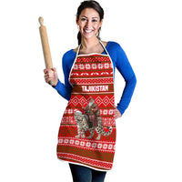 Tajikistan Christmas Apron with Santa Riding Snow Leopard National Emblem and Red Holiday Pattern - Wonder Print Shop