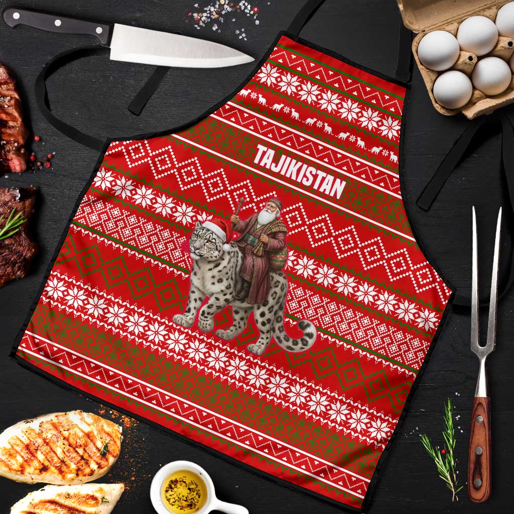 Tajikistan Christmas Apron with Santa Riding Snow Leopard National Emblem and Red Holiday Pattern - Wonder Print Shop