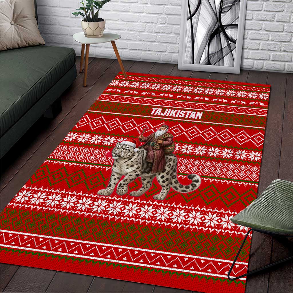 Tajikistan Christmas Area Rug with Santa Riding Snow Leopard National Emblem and Red Holiday Pattern - Wonder Print Shop