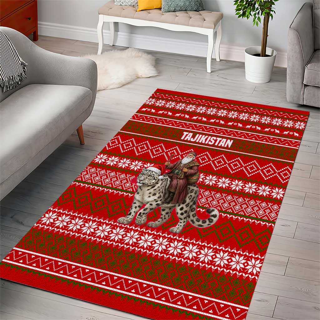 Tajikistan Christmas Area Rug with Santa Riding Snow Leopard National Emblem and Red Holiday Pattern - Wonder Print Shop