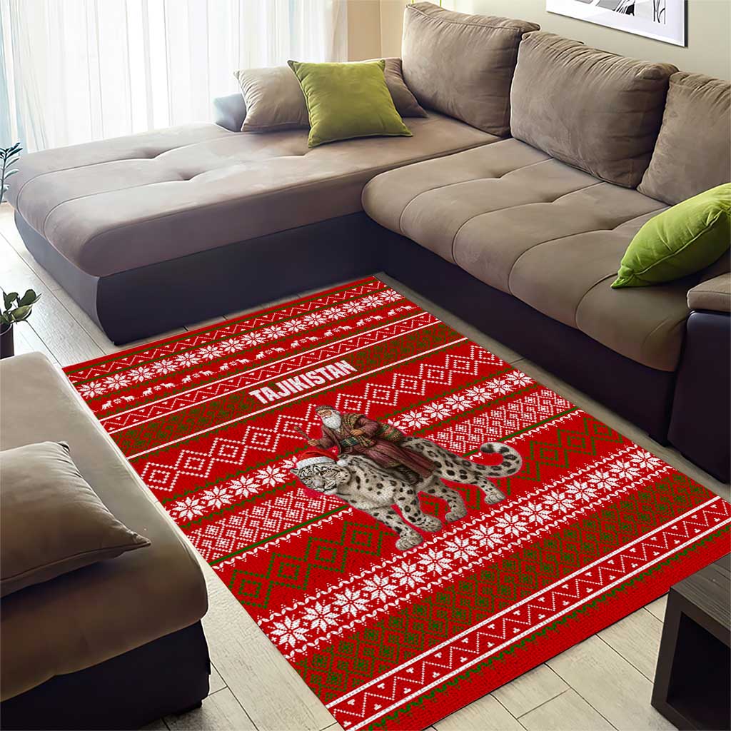 Tajikistan Christmas Area Rug with Santa Riding Snow Leopard National Emblem and Red Holiday Pattern - Wonder Print Shop