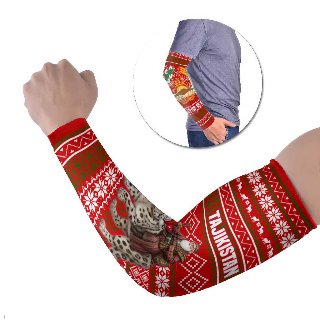 Tajikistan Christmas Arm Sleeves with Santa Riding Snow Leopard National Emblem and Red Holiday Pattern - Wonder Print Shop
