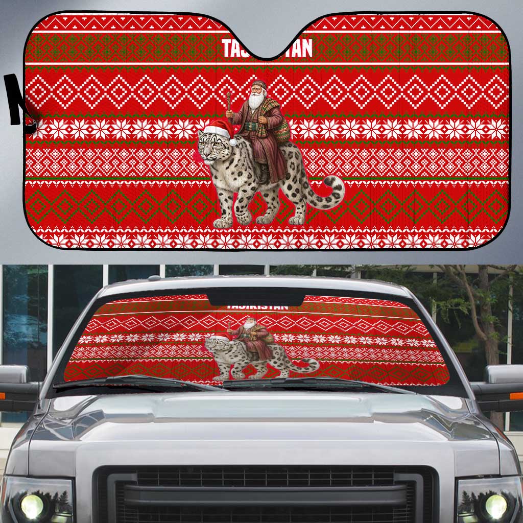Tajikistan Christmas Auto Sun Shade with Santa Riding Snow Leopard National Emblem and Red Holiday Pattern - Wonder Print Shop