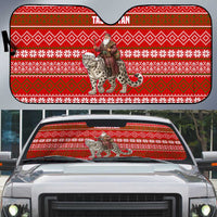 Tajikistan Christmas Auto Sun Shade with Santa Riding Snow Leopard National Emblem and Red Holiday Pattern - Wonder Print Shop