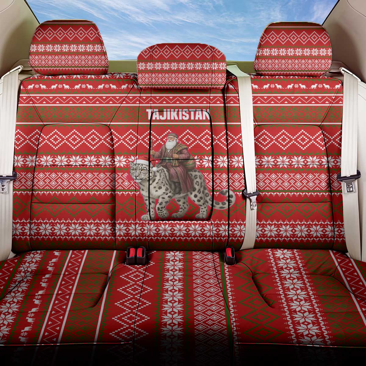 Tajikistan Christmas Back Car Seat Cover with Santa Riding Snow Leopard National Emblem and Red Holiday Pattern - Wonder Print Shop