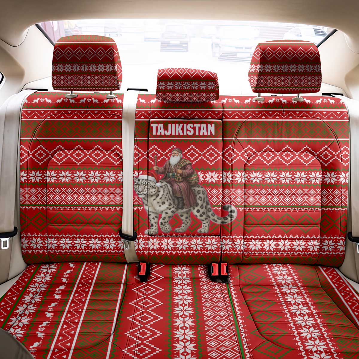 Tajikistan Christmas Back Car Seat Cover with Santa Riding Snow Leopard National Emblem and Red Holiday Pattern - Wonder Print Shop