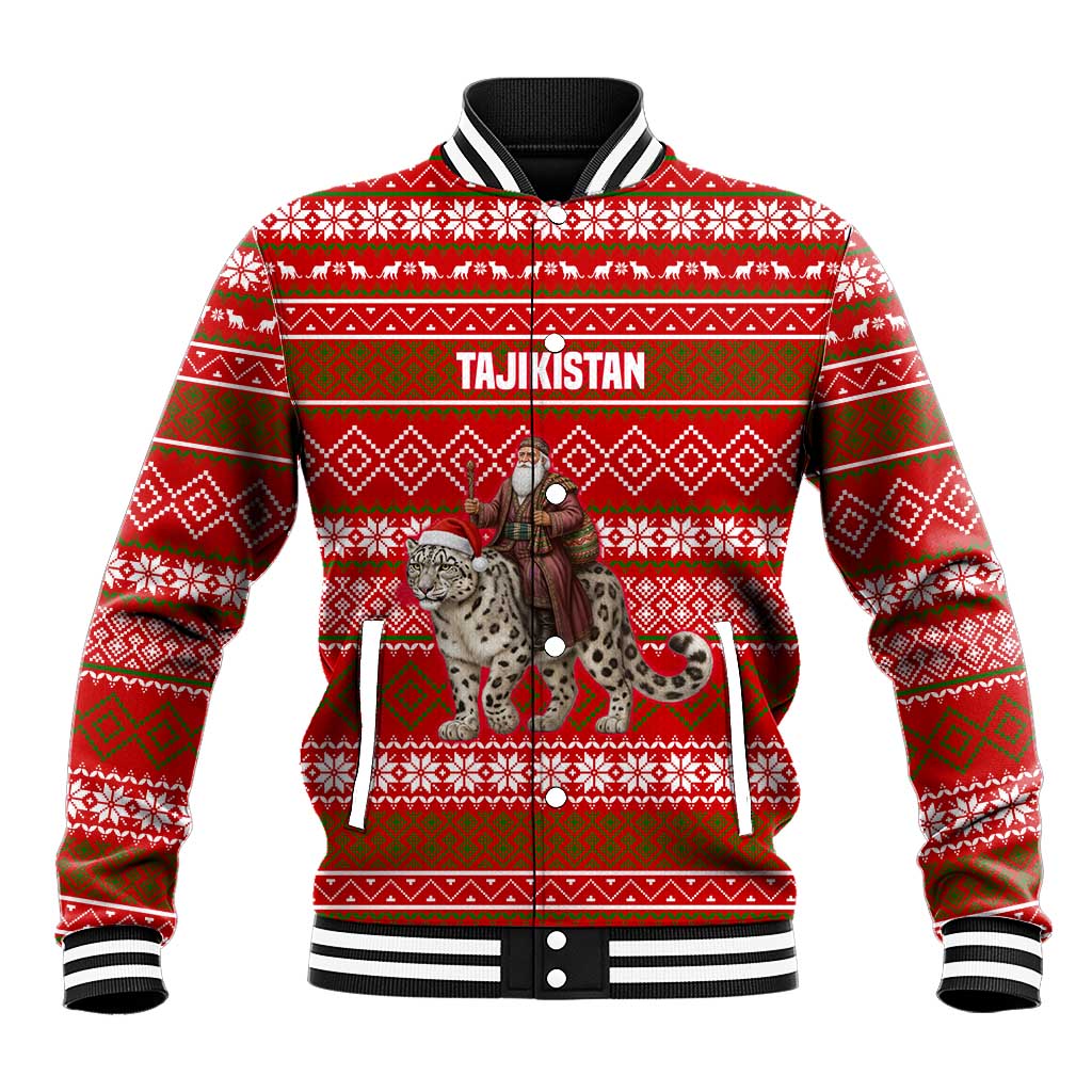 Tajikistan Christmas Baseball Jacket with Santa Riding Snow Leopard National Emblem and Red Holiday Pattern - Wonder Print Shop