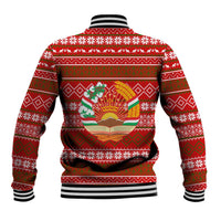 Tajikistan Christmas Baseball Jacket with Santa Riding Snow Leopard National Emblem and Red Holiday Pattern - Wonder Print Shop