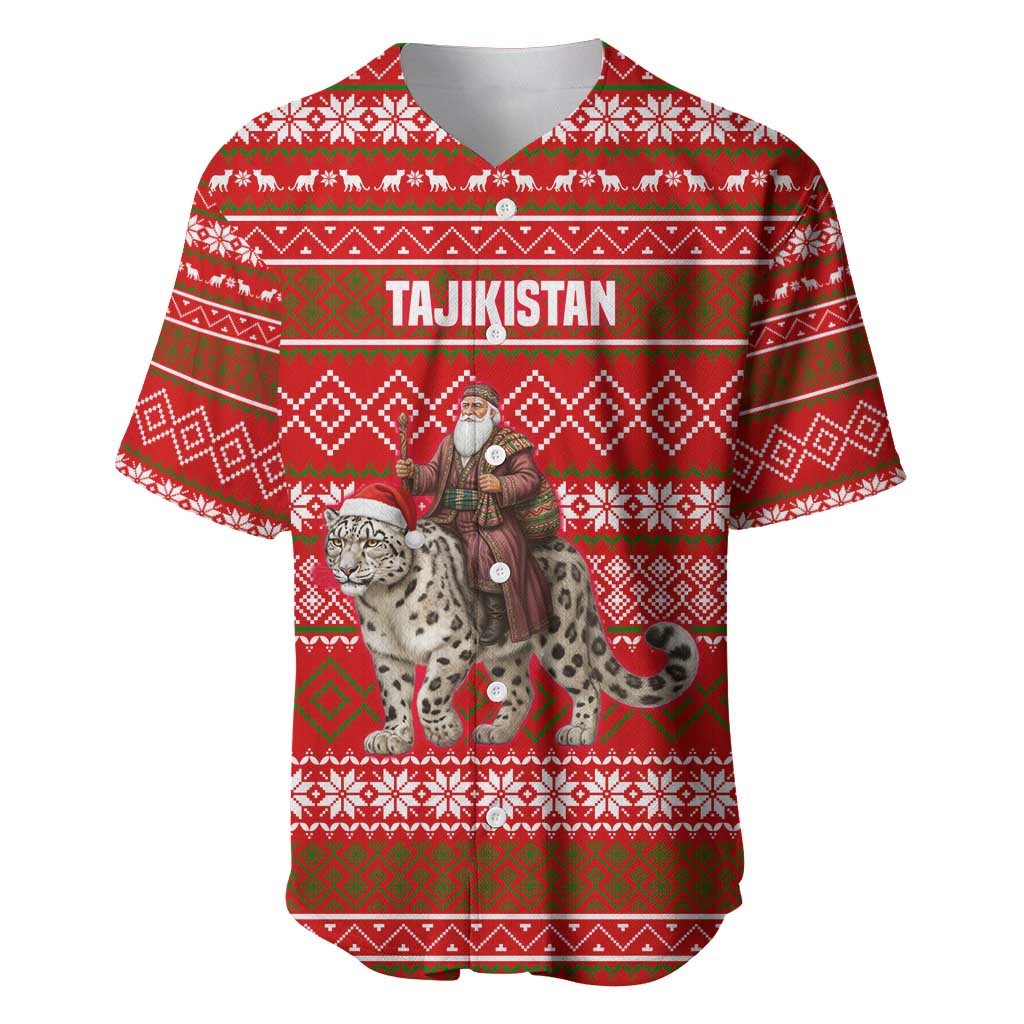 Tajikistan Christmas Baseball Jersey with Santa Riding Snow Leopard National Emblem and Red Holiday Pattern - Wonder Print Shop