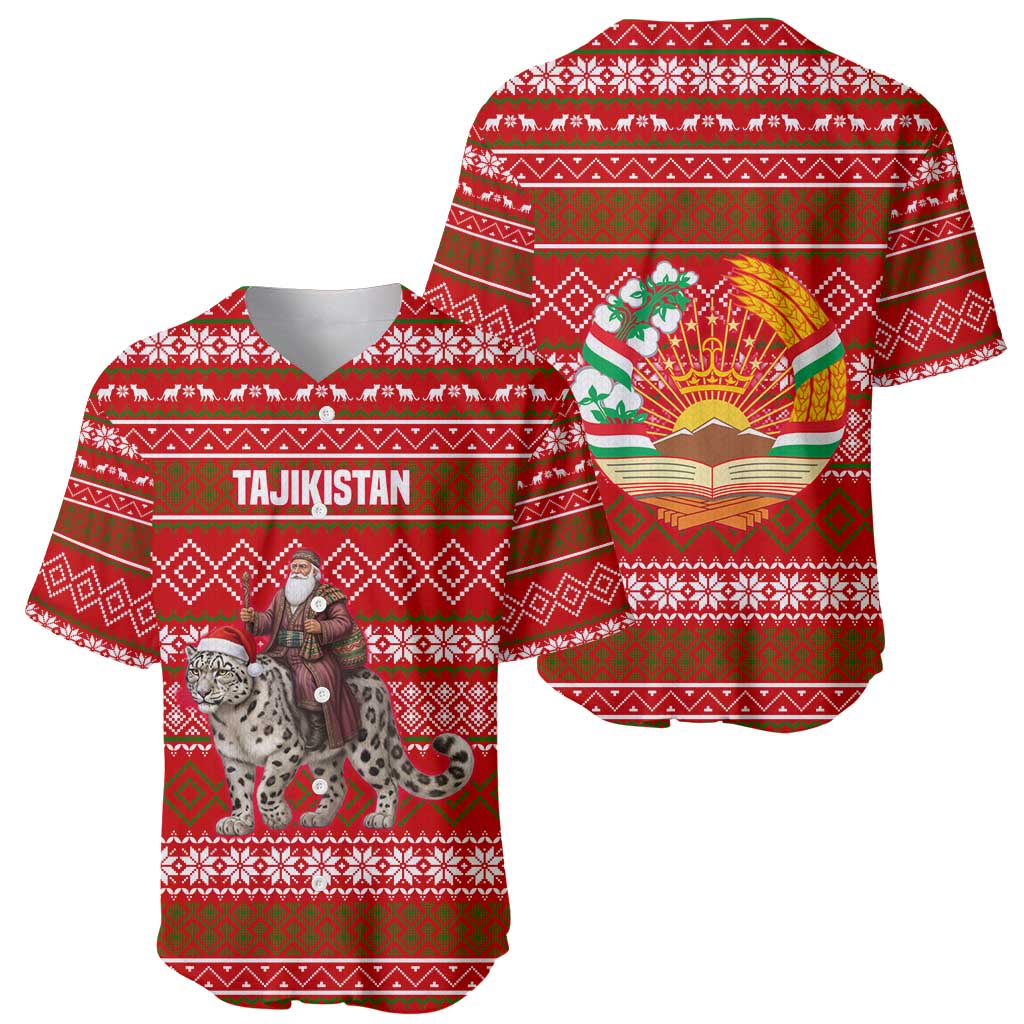 Tajikistan Christmas Baseball Jersey with Santa Riding Snow Leopard National Emblem and Red Holiday Pattern - Wonder Print Shop