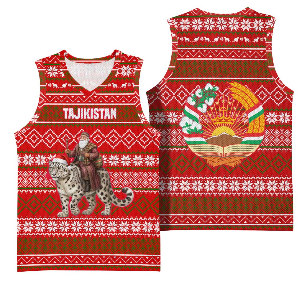 Tajikistan Christmas Basketball Jersey with Santa Riding Snow Leopard National Emblem and Red Holiday Pattern - Wonder Print Shop