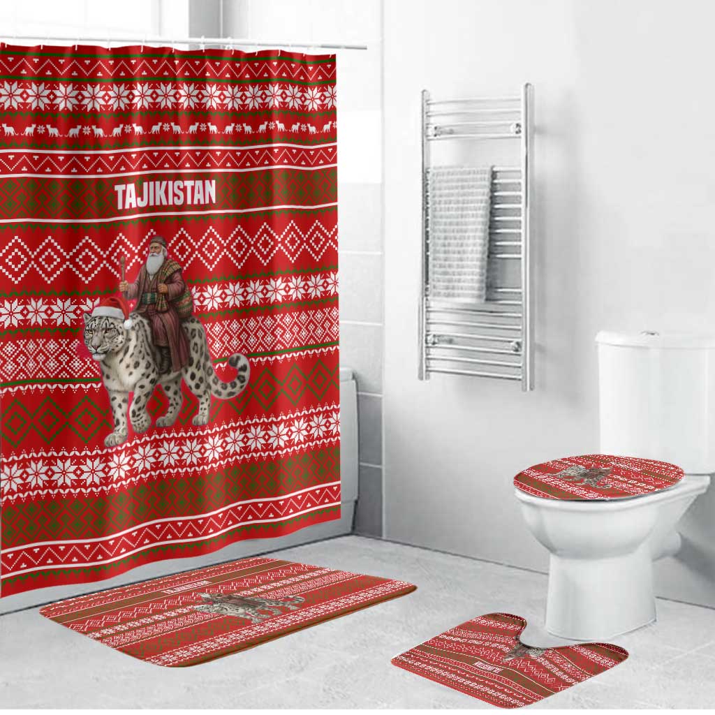 Tajikistan Christmas Bathroom Set with Santa Riding Snow Leopard National Emblem and Red Holiday Pattern - Wonder Print Shop
