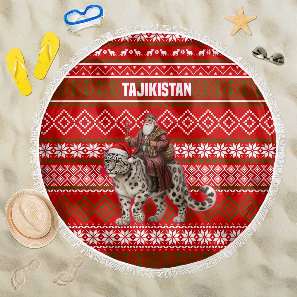 Tajikistan Christmas Beach Blanket with Santa Riding Snow Leopard National Emblem and Red Holiday Pattern - Wonder Print Shop