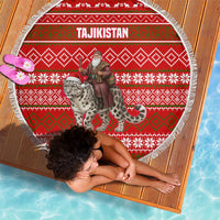 Tajikistan Christmas Beach Blanket with Santa Riding Snow Leopard National Emblem and Red Holiday Pattern - Wonder Print Shop