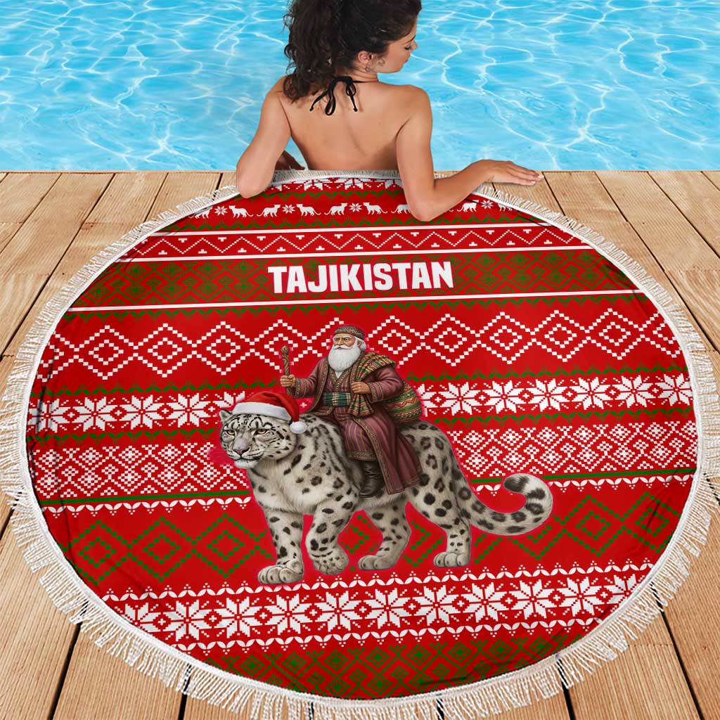 Tajikistan Christmas Beach Blanket with Santa Riding Snow Leopard National Emblem and Red Holiday Pattern - Wonder Print Shop