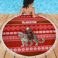Tajikistan Christmas Beach Blanket with Santa Riding Snow Leopard National Emblem and Red Holiday Pattern - Wonder Print Shop