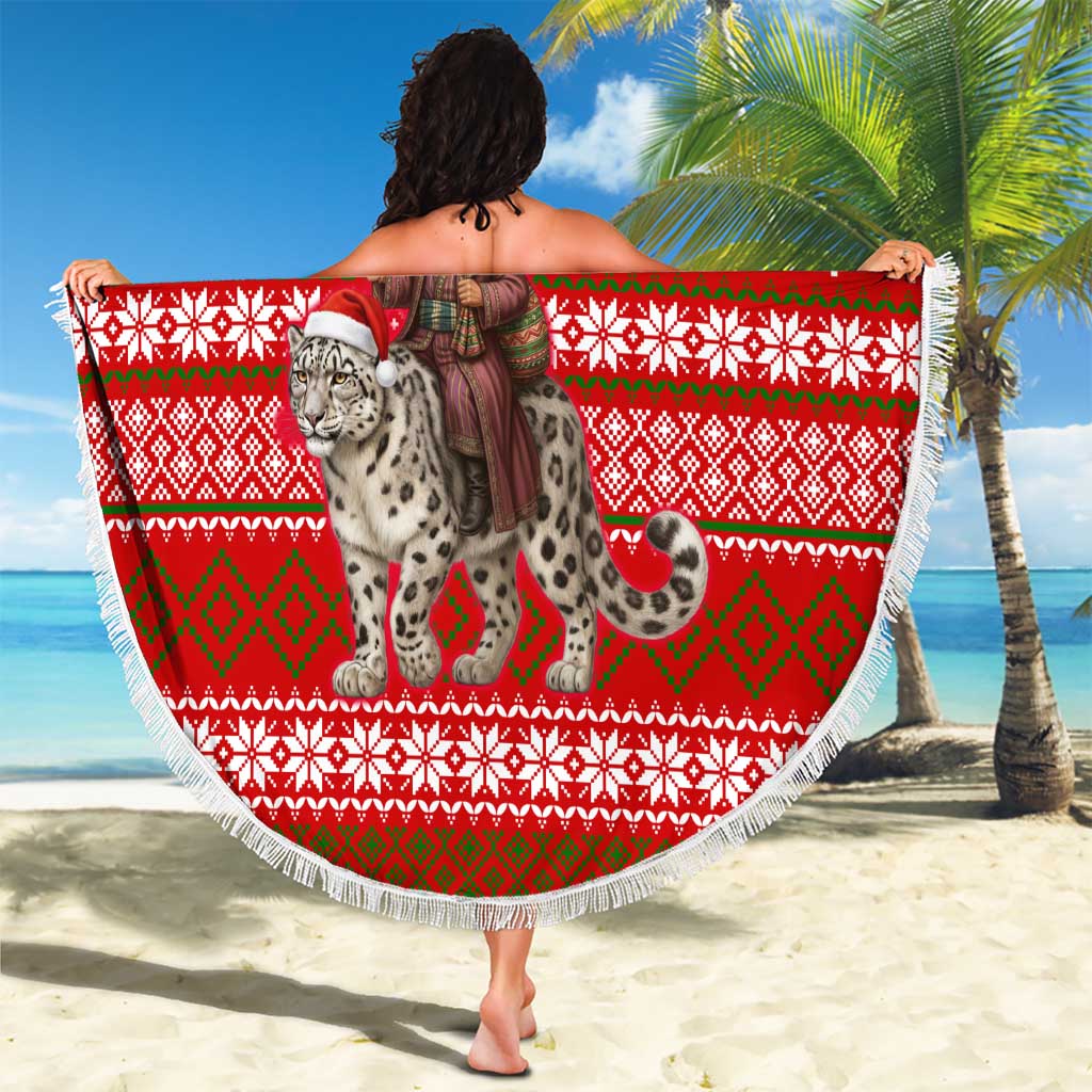 Tajikistan Christmas Beach Blanket with Santa Riding Snow Leopard National Emblem and Red Holiday Pattern - Wonder Print Shop