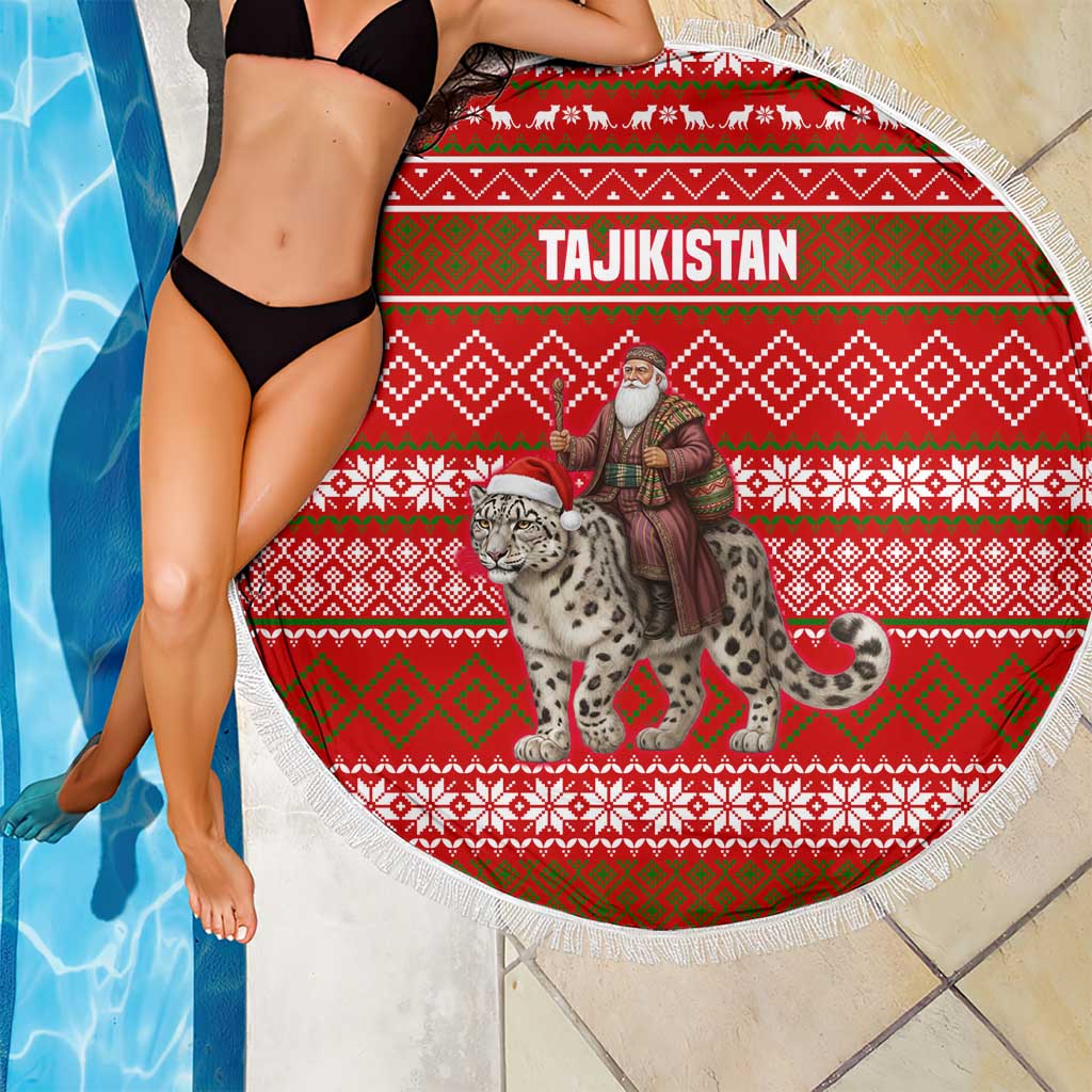 Tajikistan Christmas Beach Blanket with Santa Riding Snow Leopard National Emblem and Red Holiday Pattern - Wonder Print Shop