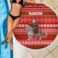 Tajikistan Christmas Beach Blanket with Santa Riding Snow Leopard National Emblem and Red Holiday Pattern - Wonder Print Shop