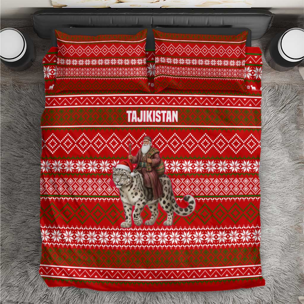 Tajikistan Christmas Bedding Set with Santa Riding Snow Leopard National Emblem and Red Holiday Pattern - Wonder Print Shop