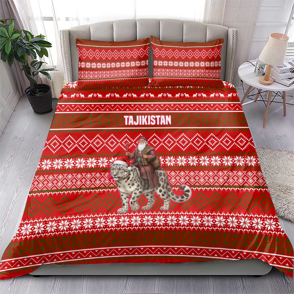 Tajikistan Christmas Bedding Set with Santa Riding Snow Leopard National Emblem and Red Holiday Pattern - Wonder Print Shop