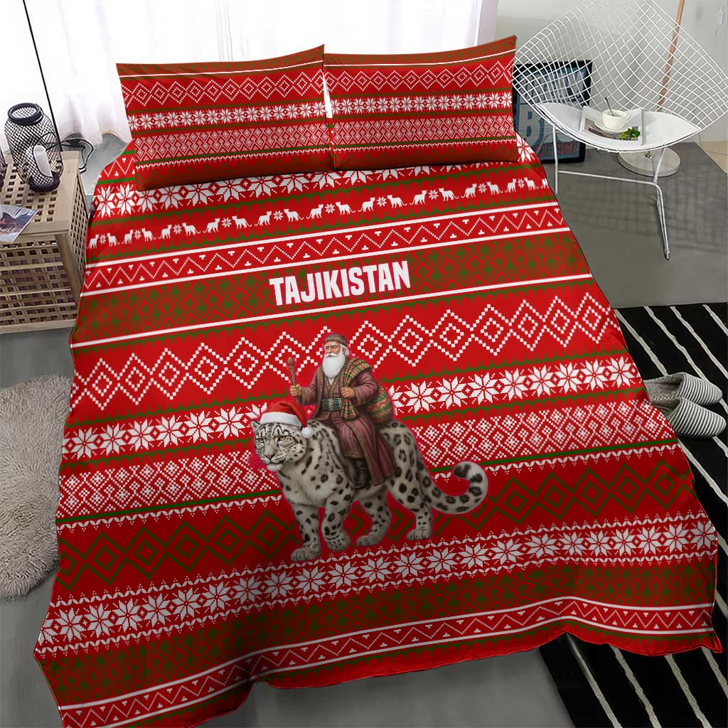 Tajikistan Christmas Bedding Set with Santa Riding Snow Leopard National Emblem and Red Holiday Pattern - Wonder Print Shop
