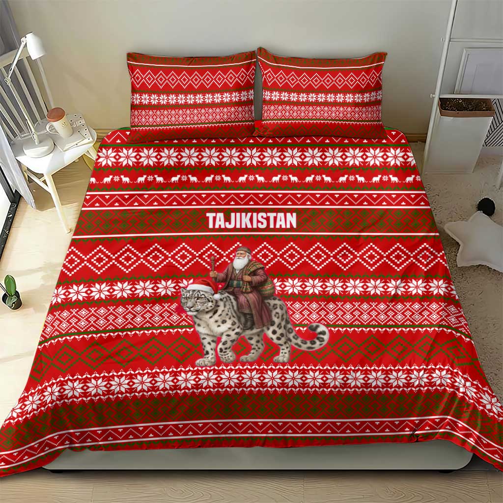 Tajikistan Christmas Bedding Set with Santa Riding Snow Leopard National Emblem and Red Holiday Pattern - Wonder Print Shop