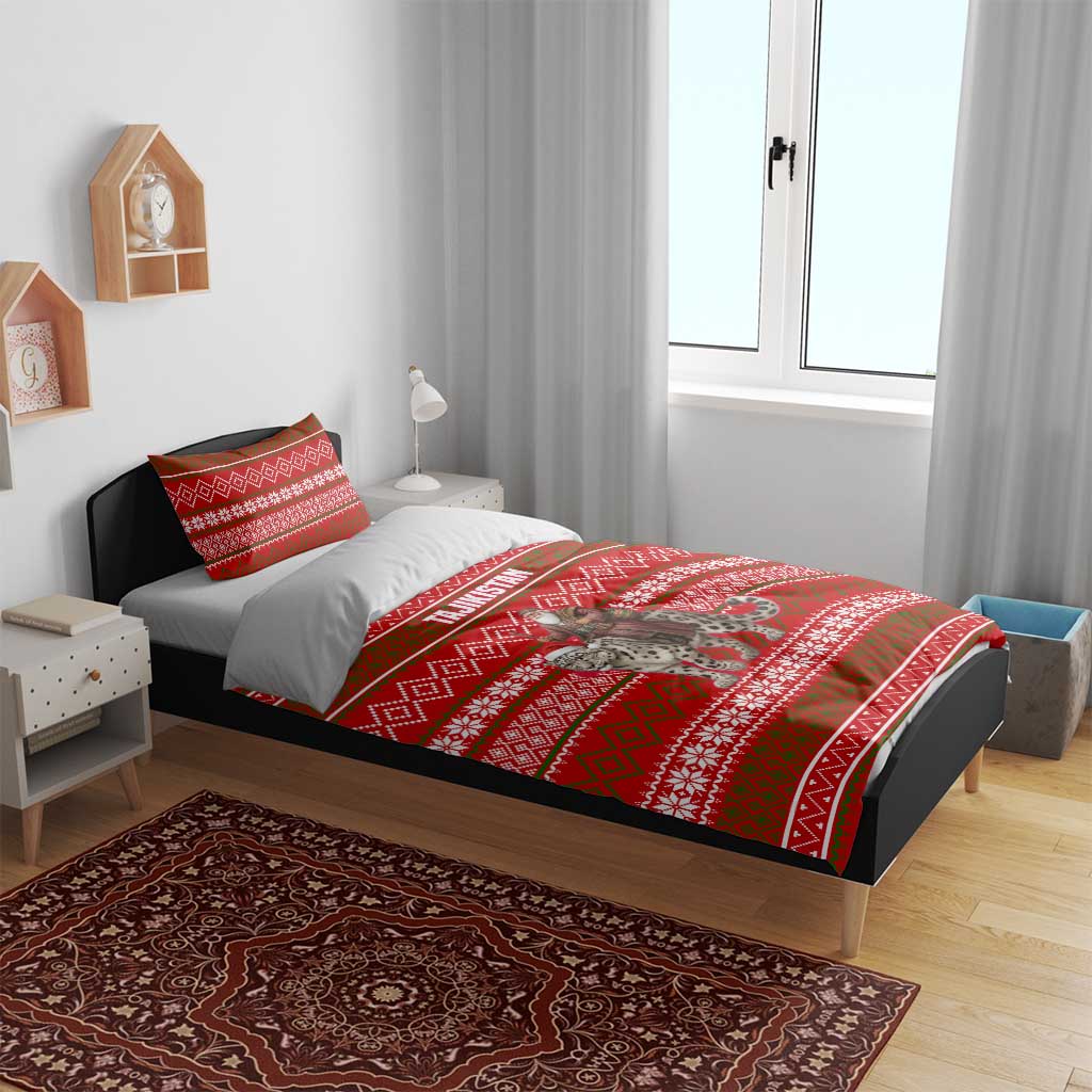 Tajikistan Christmas Bedding Set with Santa Riding Snow Leopard National Emblem and Red Holiday Pattern - Wonder Print Shop