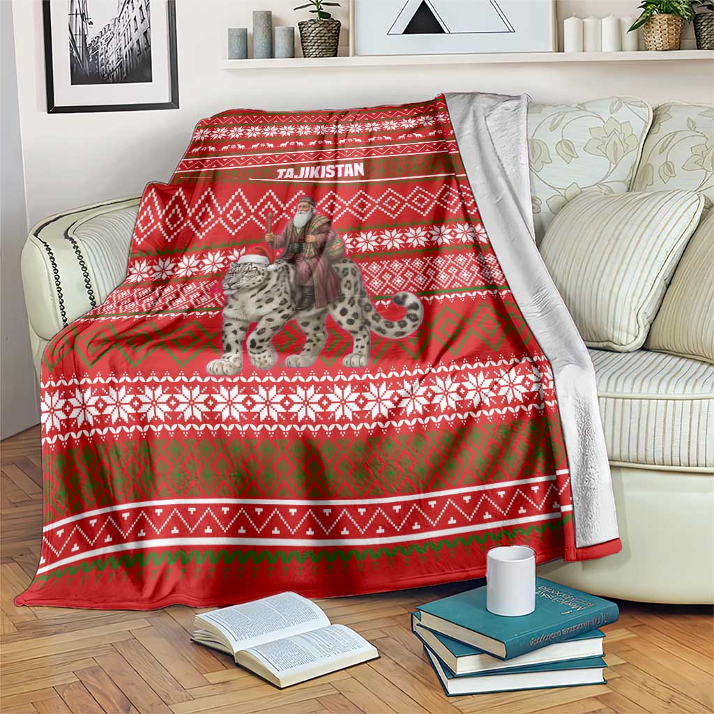 Tajikistan Christmas Blanket with Santa Riding Snow Leopard National Emblem and Red Holiday Pattern - Wonder Print Shop