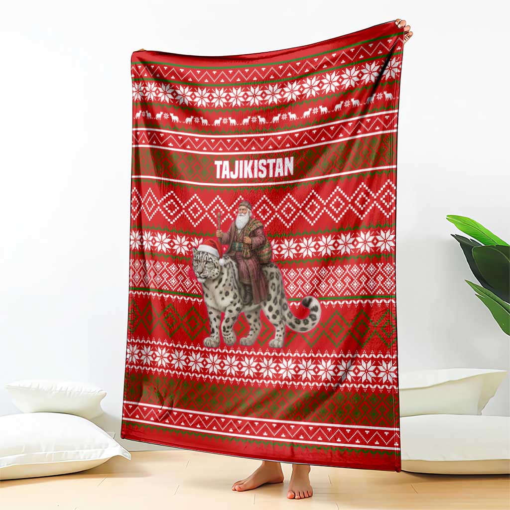 Tajikistan Christmas Blanket with Santa Riding Snow Leopard National Emblem and Red Holiday Pattern - Wonder Print Shop