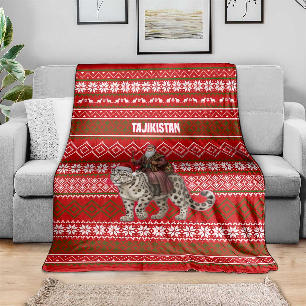 Tajikistan Christmas Blanket with Santa Riding Snow Leopard National Emblem and Red Holiday Pattern - Wonder Print Shop
