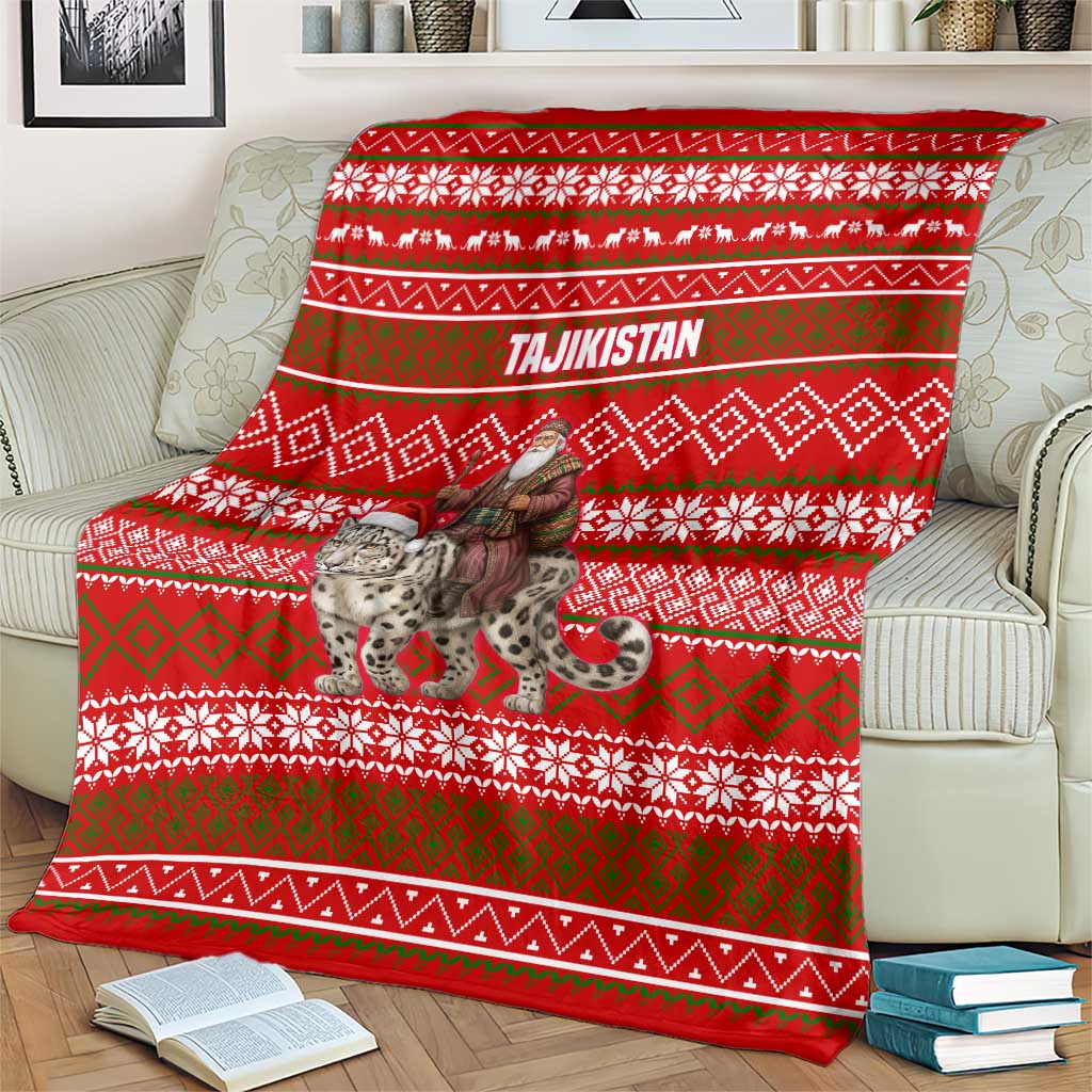 Tajikistan Christmas Blanket with Santa Riding Snow Leopard National Emblem and Red Holiday Pattern - Wonder Print Shop