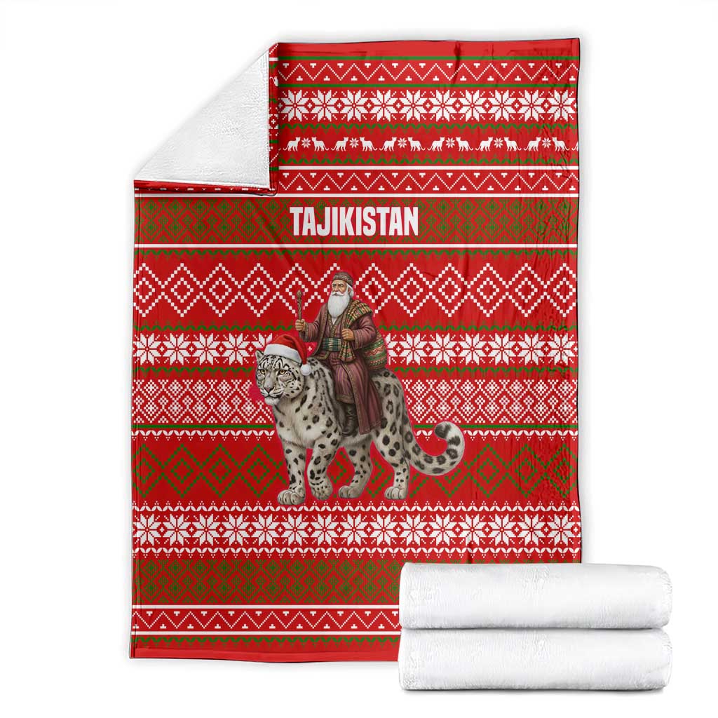 Tajikistan Christmas Blanket with Santa Riding Snow Leopard National Emblem and Red Holiday Pattern - Wonder Print Shop