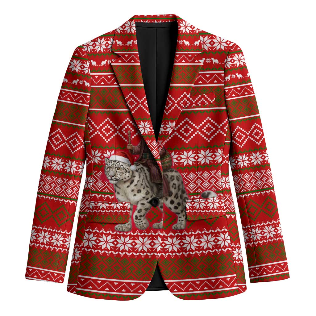 Tajikistan Christmas Blazer with Santa Riding Snow Leopard National Emblem and Red Holiday Pattern - Wonder Print Shop