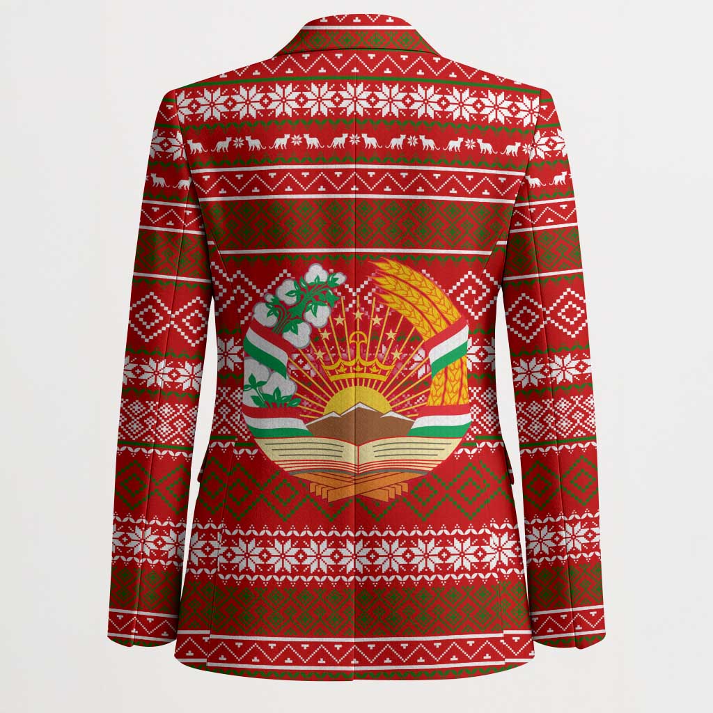 Tajikistan Christmas Blazer with Santa Riding Snow Leopard National Emblem and Red Holiday Pattern - Wonder Print Shop