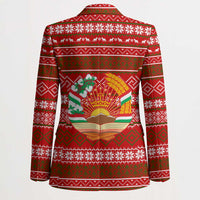 Tajikistan Christmas Blazer with Santa Riding Snow Leopard National Emblem and Red Holiday Pattern - Wonder Print Shop