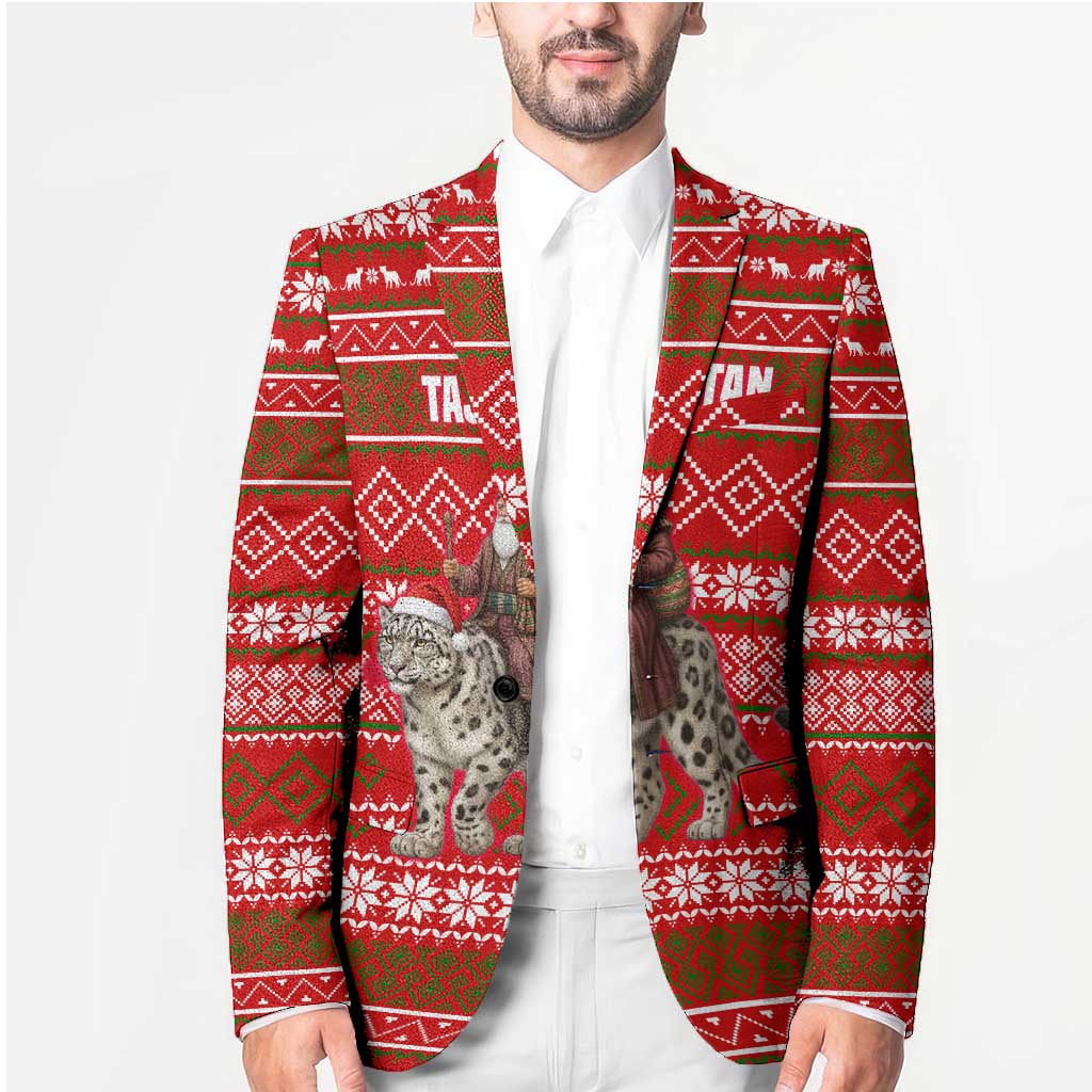 Tajikistan Christmas Blazer with Santa Riding Snow Leopard National Emblem and Red Holiday Pattern - Wonder Print Shop