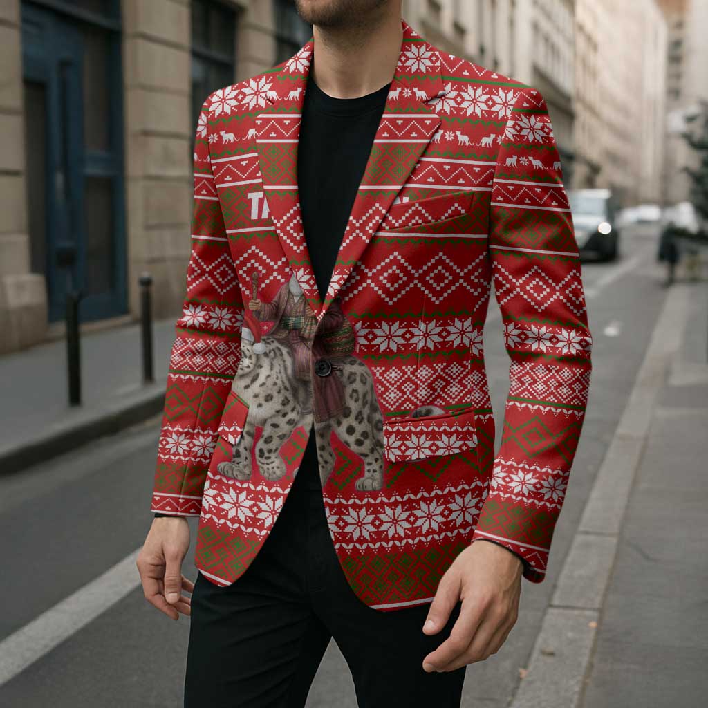 Tajikistan Christmas Blazer with Santa Riding Snow Leopard National Emblem and Red Holiday Pattern - Wonder Print Shop